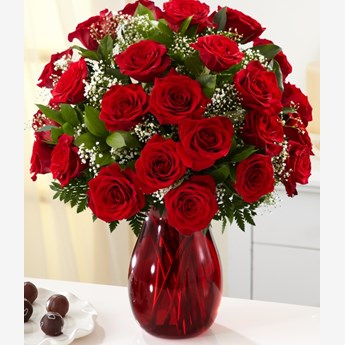 24 Red Roses In Red Vase