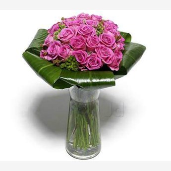 Vase with 30 Purple Roses , with folded green leaves.
