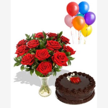 Red Roses, Cake & Balloons