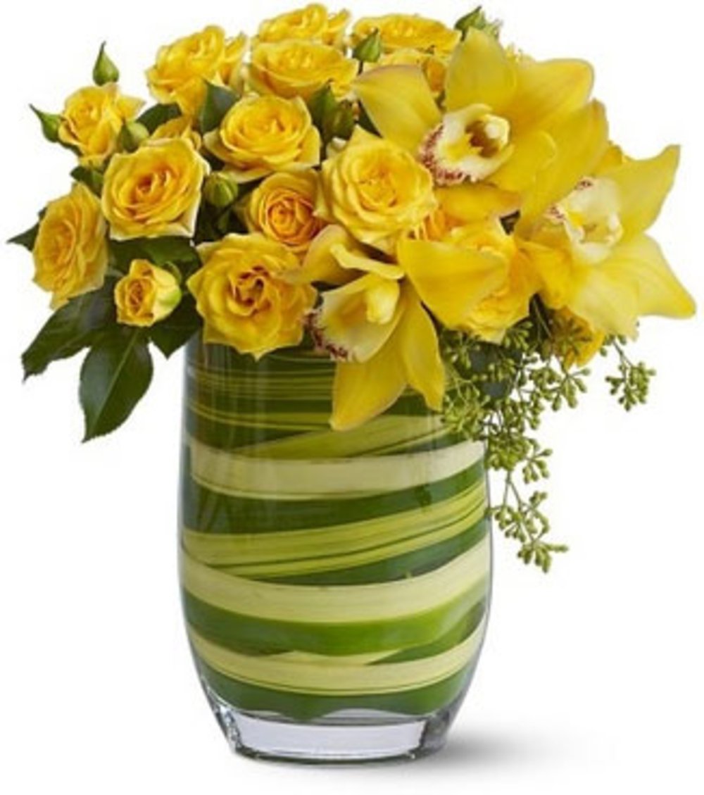 Vase with 15 Stems of Yellow Roses & Cymbidium Orchids