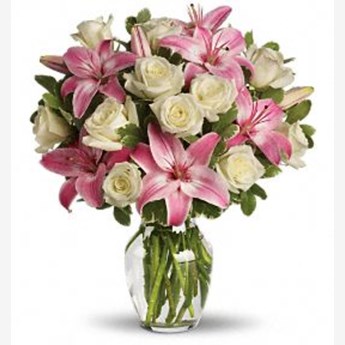 Vase with 5 Stems of Pink Lilies & 12 Stems of  White Roses With Greens
